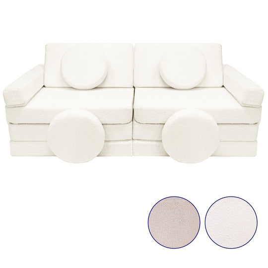 Modular bouclé sofa bed, multifunctional foam blocks, car with steering wheel