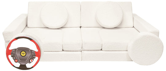 Modular bouclé sofa bed, multifunctional foam blocks, car with steering wheel