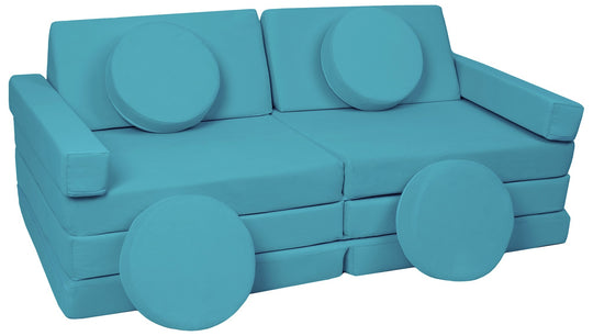 Modular sofa bed, multifunctional foam blocks, car with steering wheel