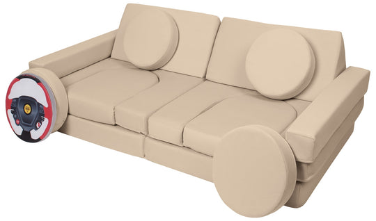 Modular sofa bed, multifunctional foam blocks, car with steering wheel