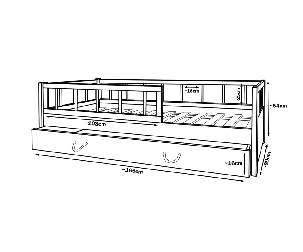 Wooden bed 160x80cm +drawer and barriers
