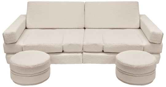 Modular bouclé sofa bed, multifunctional foam blocks, car with steering wheel
