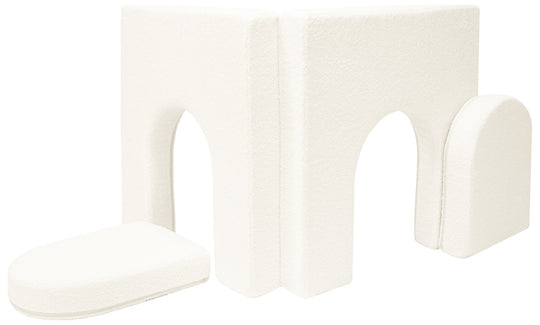 Modular bouclé sofa bed, multifunctional foam blocks, car with steering wheel