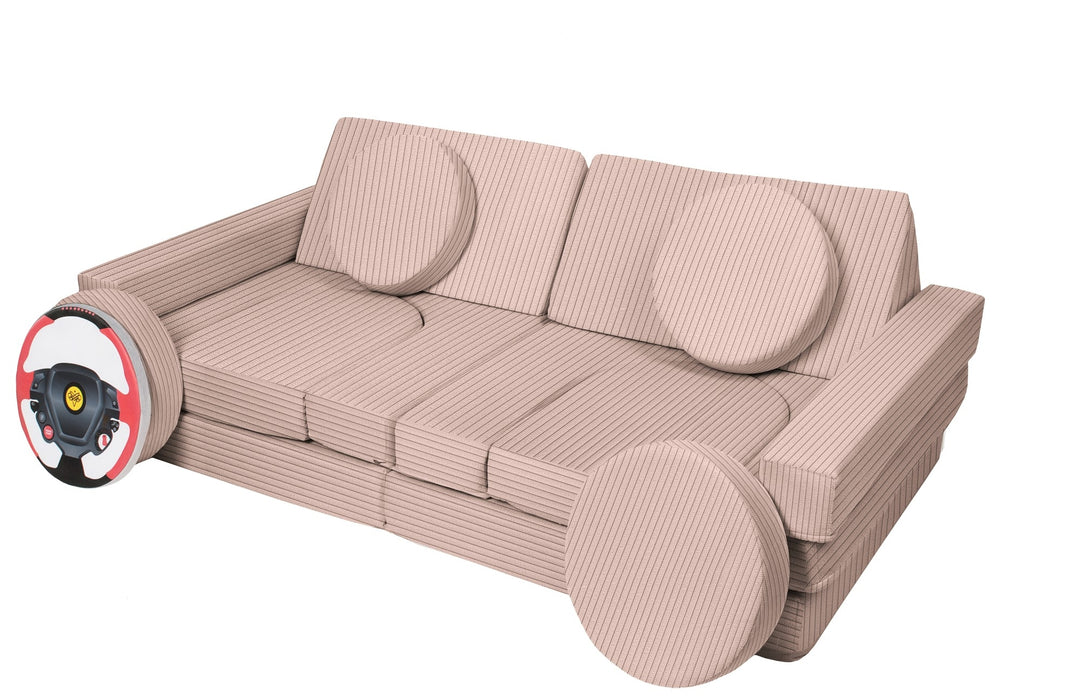 Modular sofa bed, multifunctional foam blocks, car with steering wheel