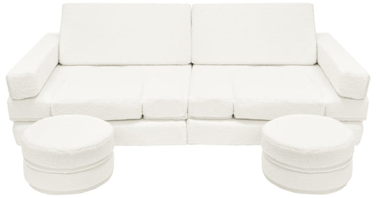 Modular bouclé sofa bed, multifunctional foam blocks, car with steering wheel