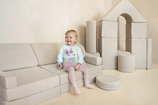 Bouclé modular kids sofa, foam blocks