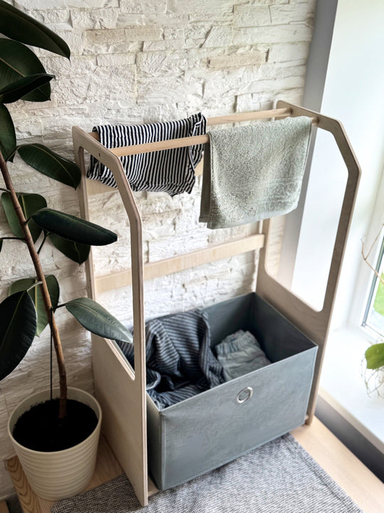 Montessori Wooden Clothes Drying Rack with Beige Storage