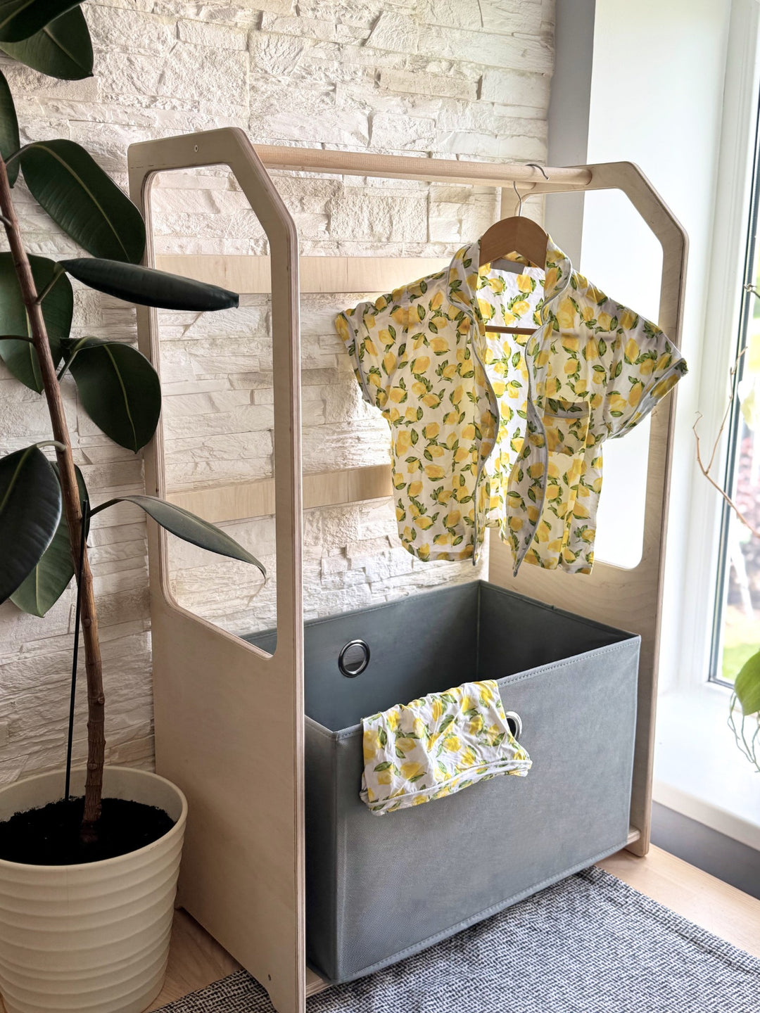 Montessori Wooden Clothes Drying Rack with Grey Storage