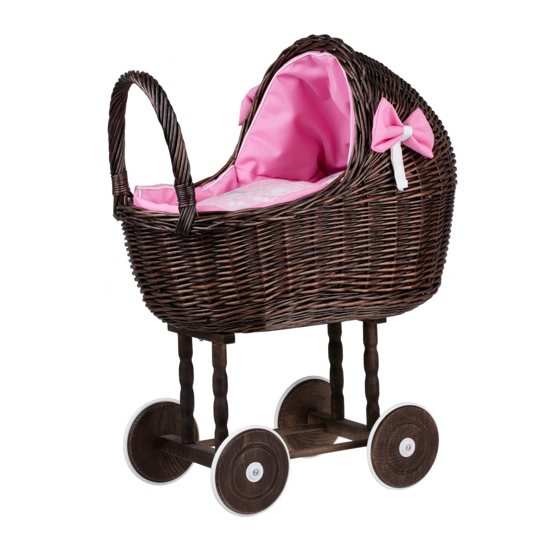 Dark Wicker Doll Stroller Lena – Pink Bedding