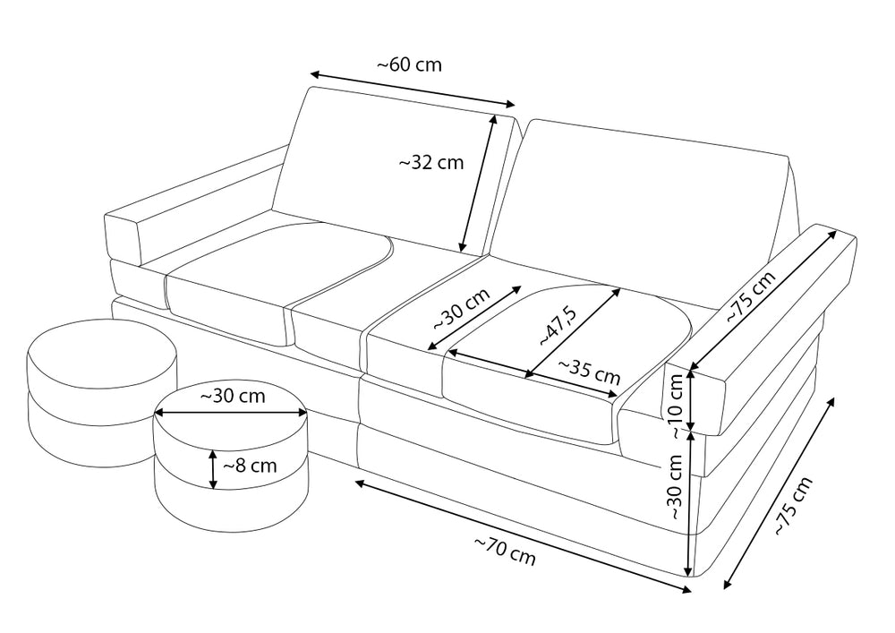 Modular bouclé sofa bed, multifunctional foam blocks, car with steering wheel