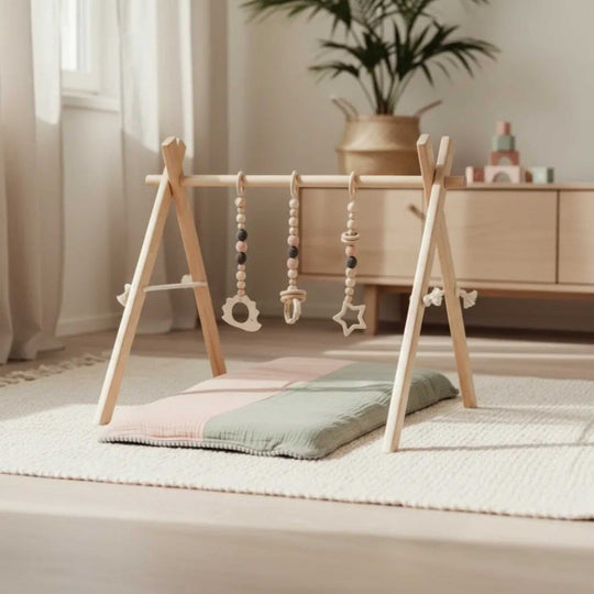 Wooden Baby Gym with Pink Toys