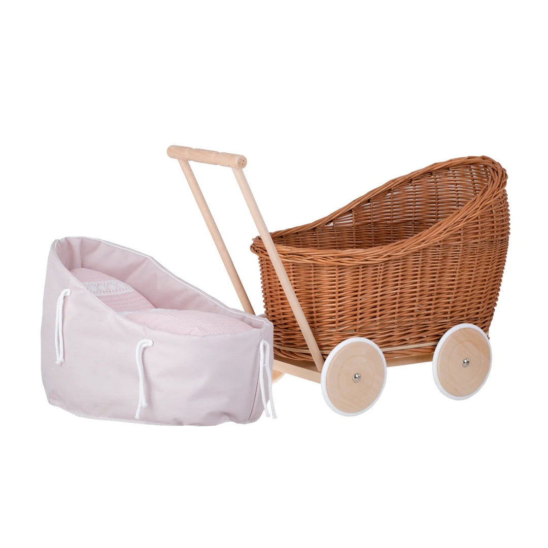 Luna wicker doll stroller 1330-03 with pink trim, quilt and pillow