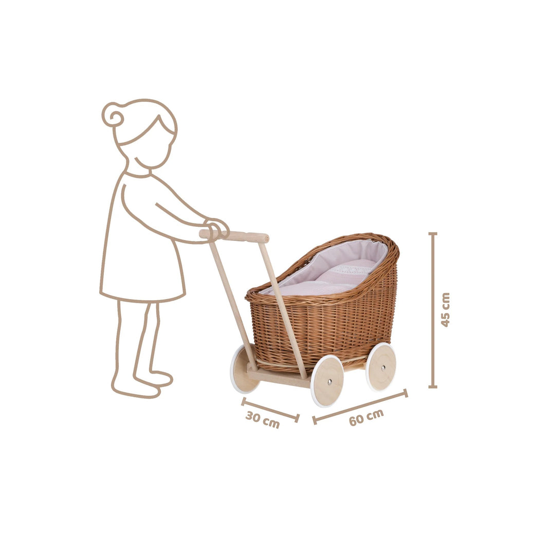 Luna wicker doll stroller 1330-03 with pink trim, quilt and pillow