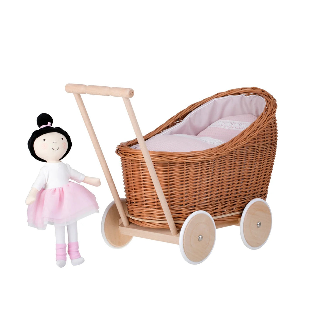 Luna wicker doll stroller 1330-03 with pink trim, quilt and pillow