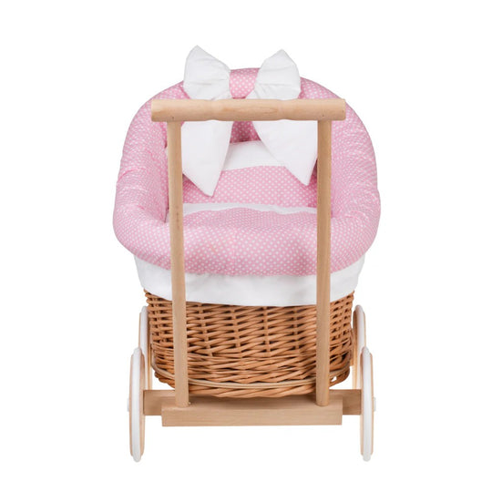 Luna wicker doll stroller 1330 with pink trim, blanket, and pillow
