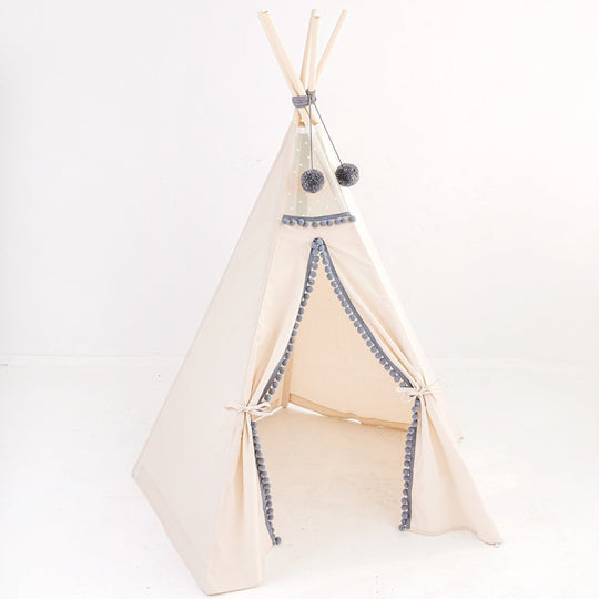 Kids Teepee with Grey Pompoms – Ecru
