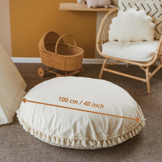Large Floor Cushion with Tassels – Ecru, 100 cm