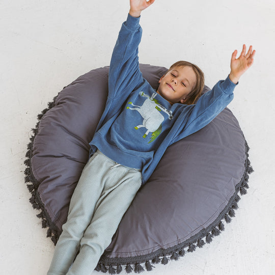Large Floor Cushion with Tassels – Grey, 100 cm