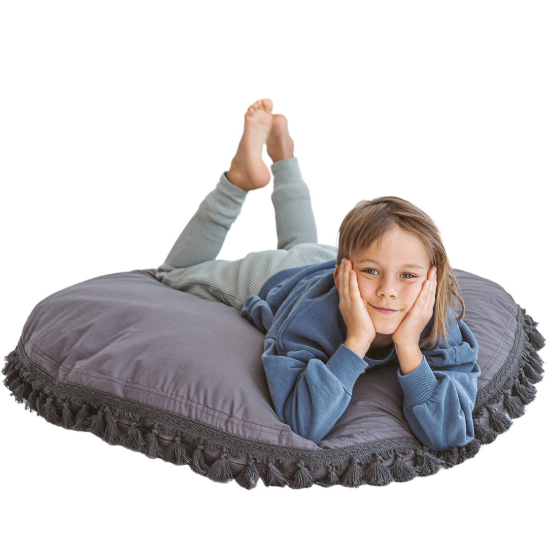 Large Floor Cushion with Tassels – Grey, 100 cm