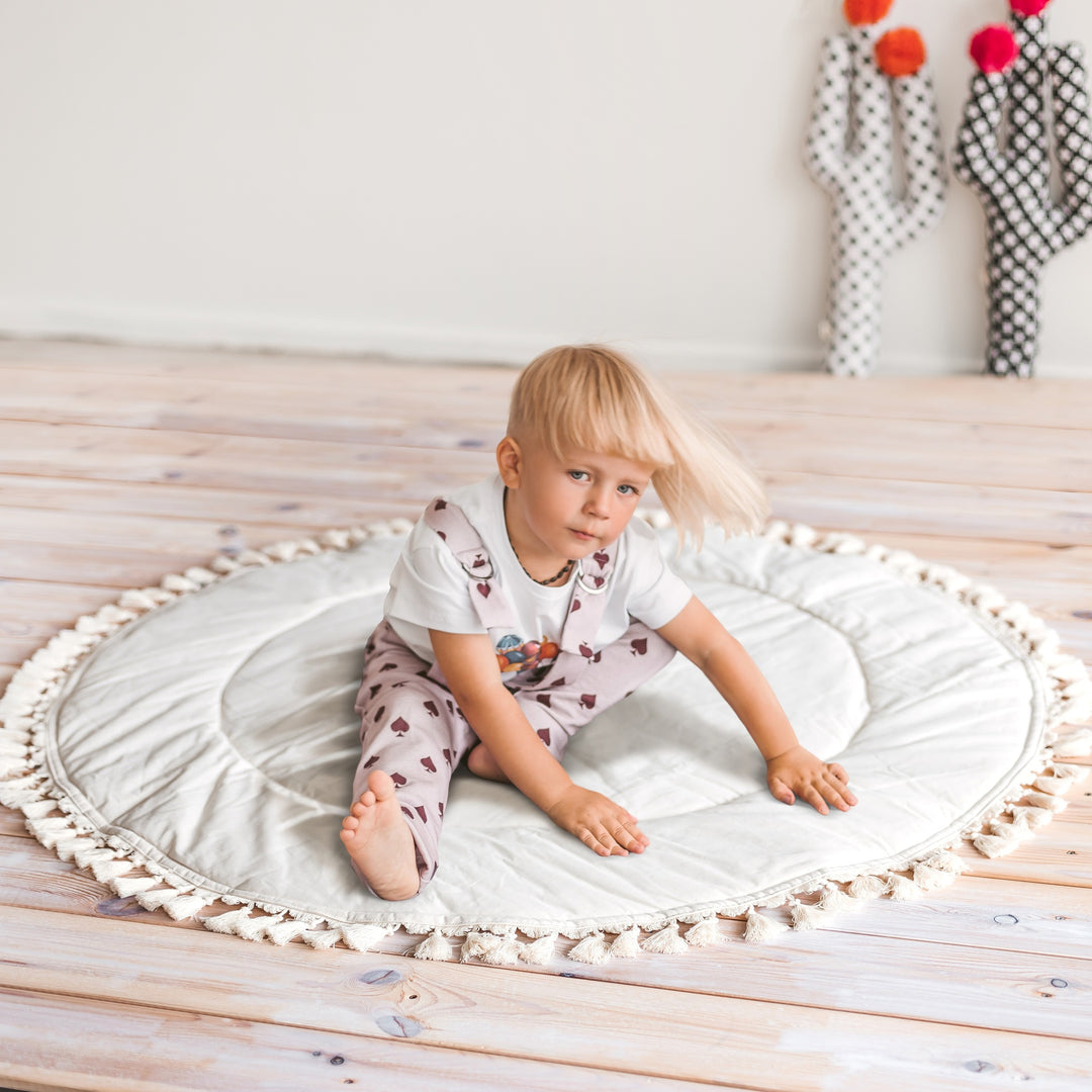 Padded Kids Play Mat with Tassels – Ecru, 115 cm