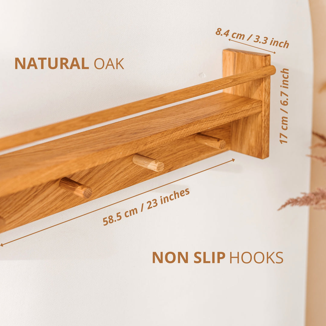 Solid Oak Kids Bookshelf with Rail and 4 Hooks – 58.5 cm