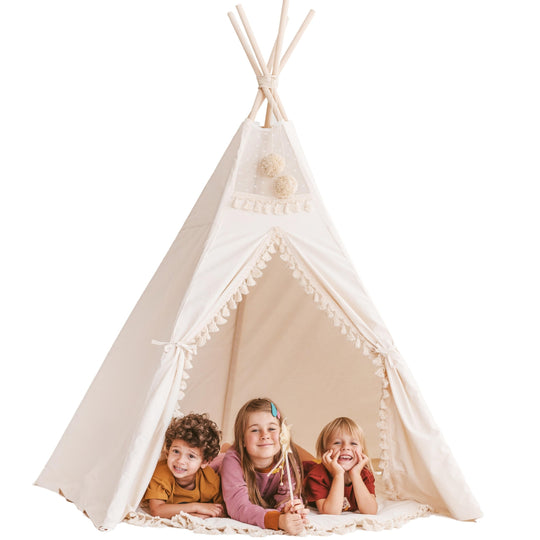 XL Indoor Teepee Tent with Tassels – Ecru