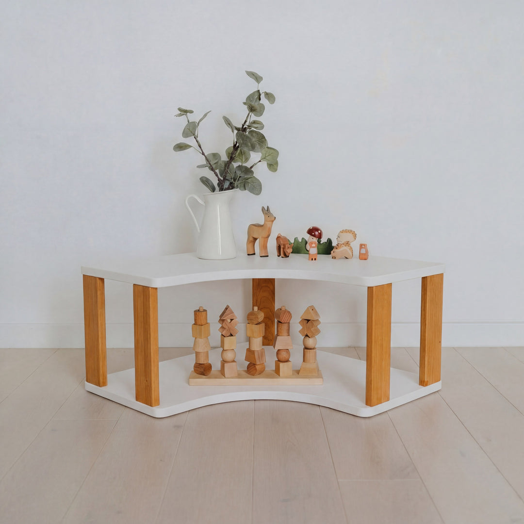 Modular Montessori Shelf Corner - 2 Shelves - White/brownish Oil