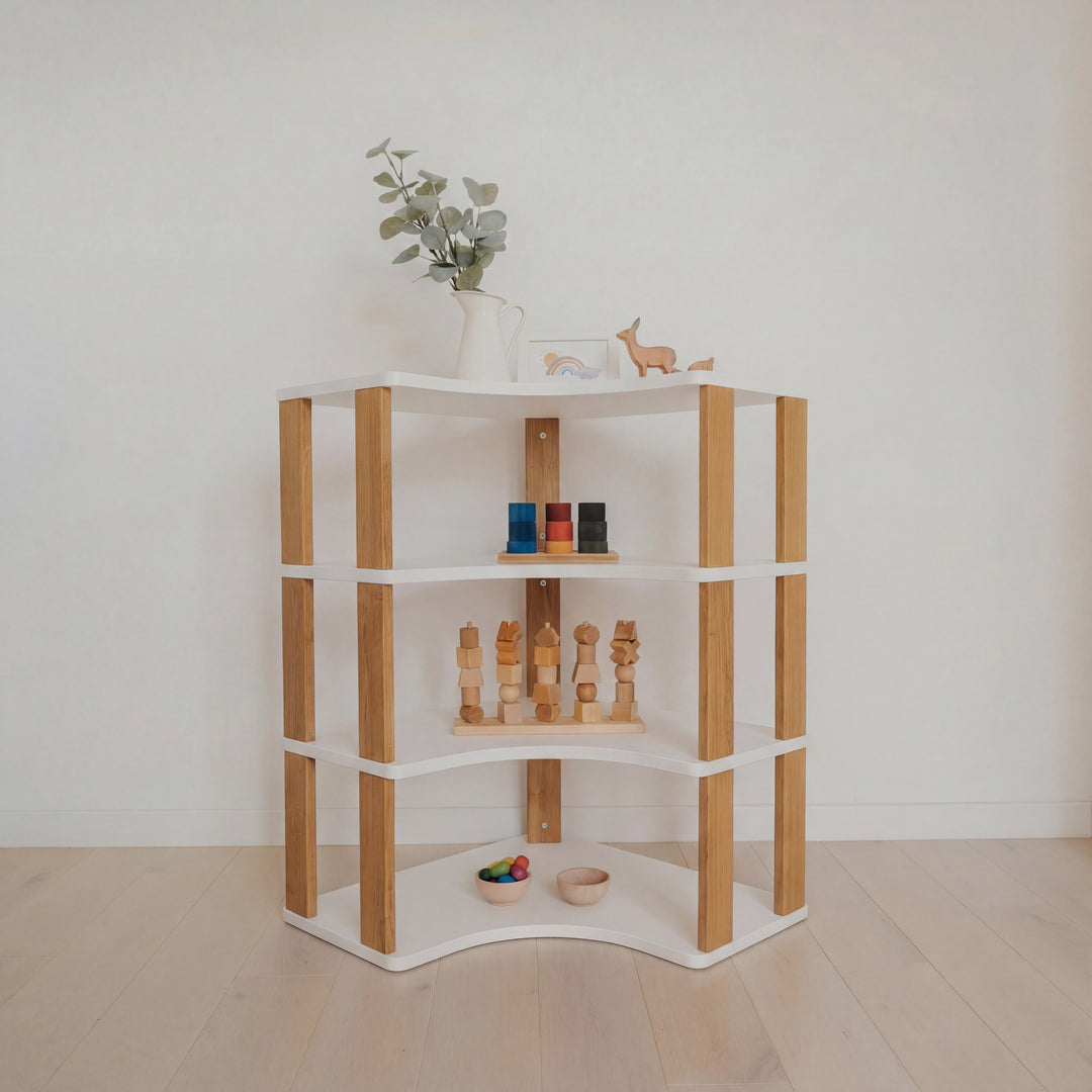 Modular Montessori Shelf Corner - 4 Shelves - White/brownish oil