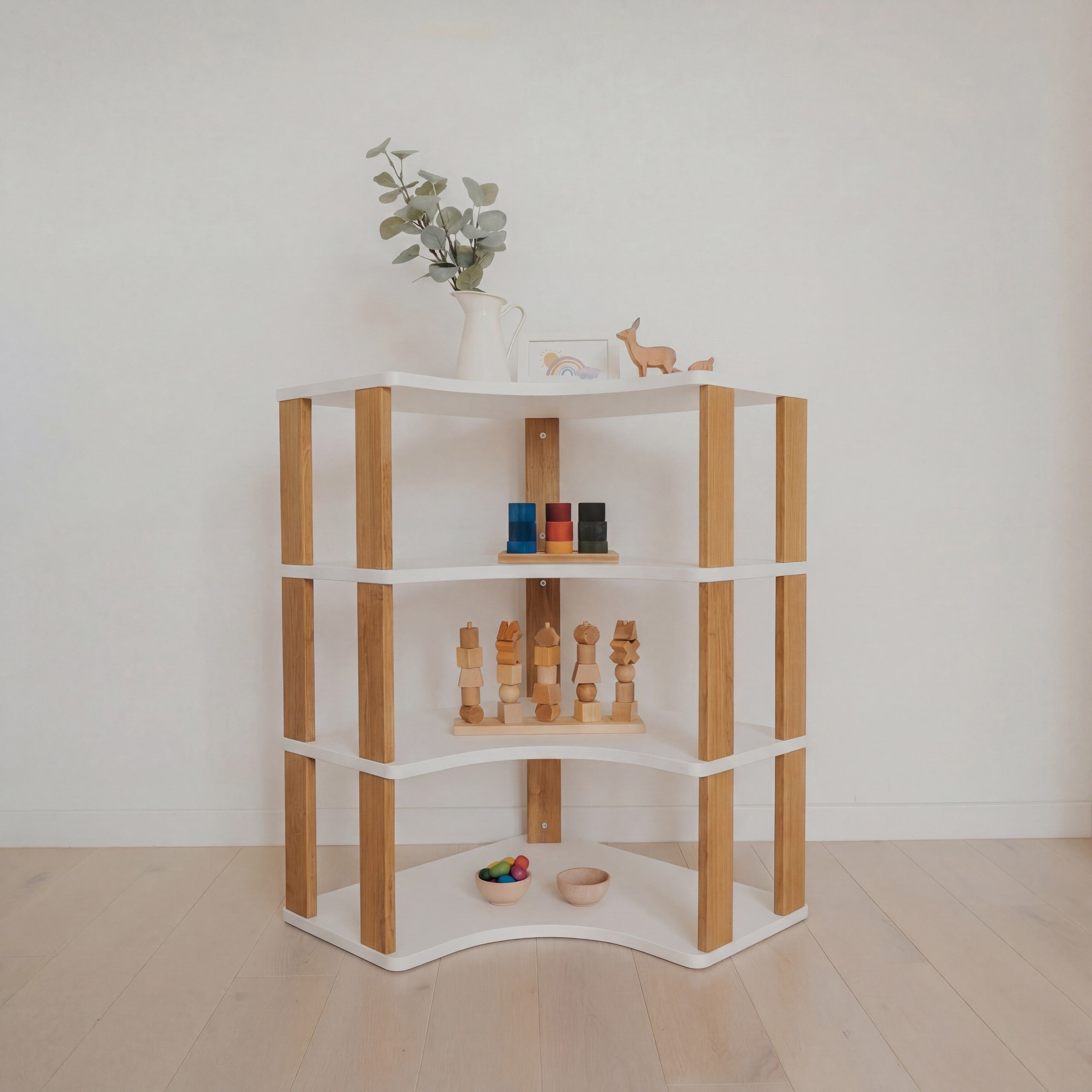 Modular Montessori Shelf Corner - 4 Shelves - White/brownish oil