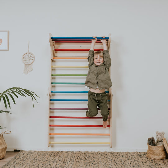 Pikler Triangle Climber with Swedish Wall Add-On (Ages 6m–7y) - Rainbow