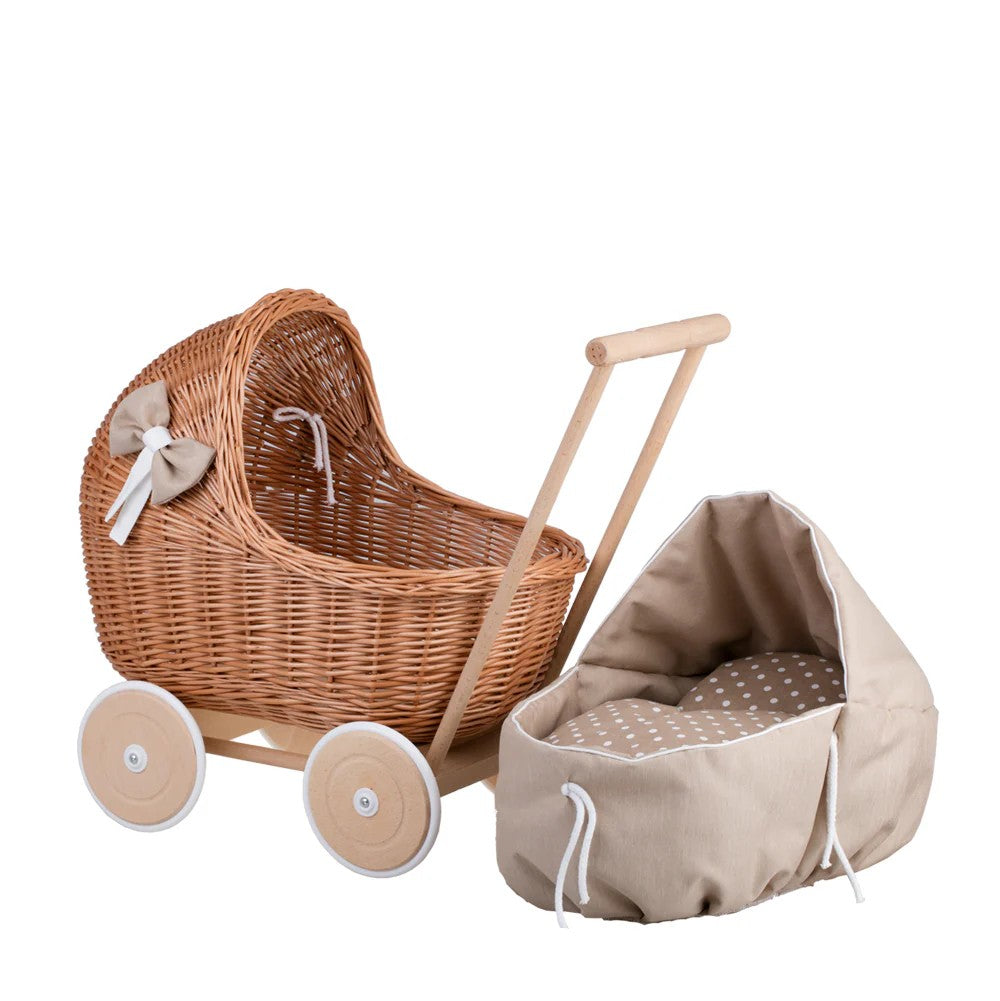 Wicker Doll Pram Lili – Beige Bedding